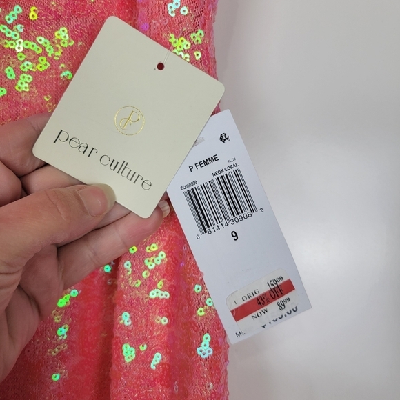 NWT Pear Culture Juniors Tulle-Trim Off-The-Shoulder Sequin Gown in Coral Size 9 - Picture 10 of 12
